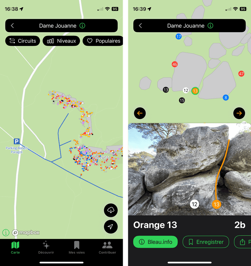 Screenshots de Boolder, appli de topo de Fontainebleau